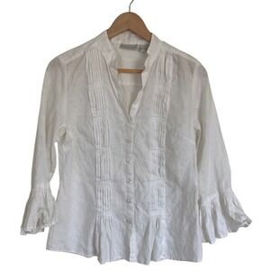 Tweeds Womens White Pintuck Linen Button-Front Top Size M Ruffle Bell Cuff Boho